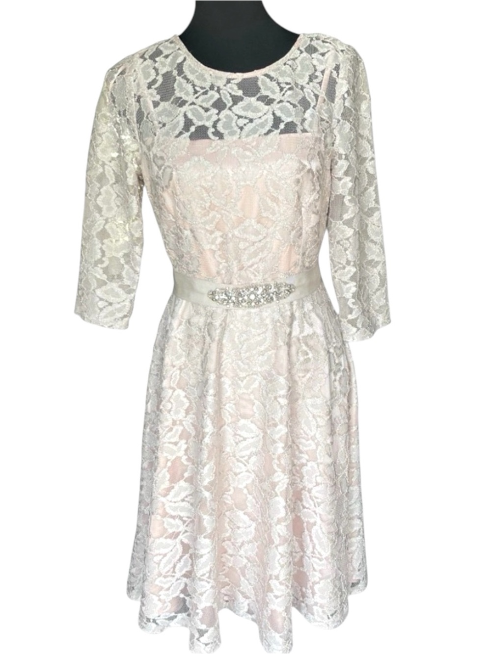Jessica Howard Ivory Lace Pink Slip V-Neck A-Line Crystal Belt Tie Dress (10P)